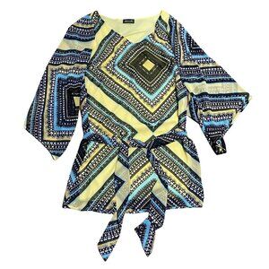 Anthropologie Maude Yellow Turquoise Top Blouse  V-Neck‎ Size Small